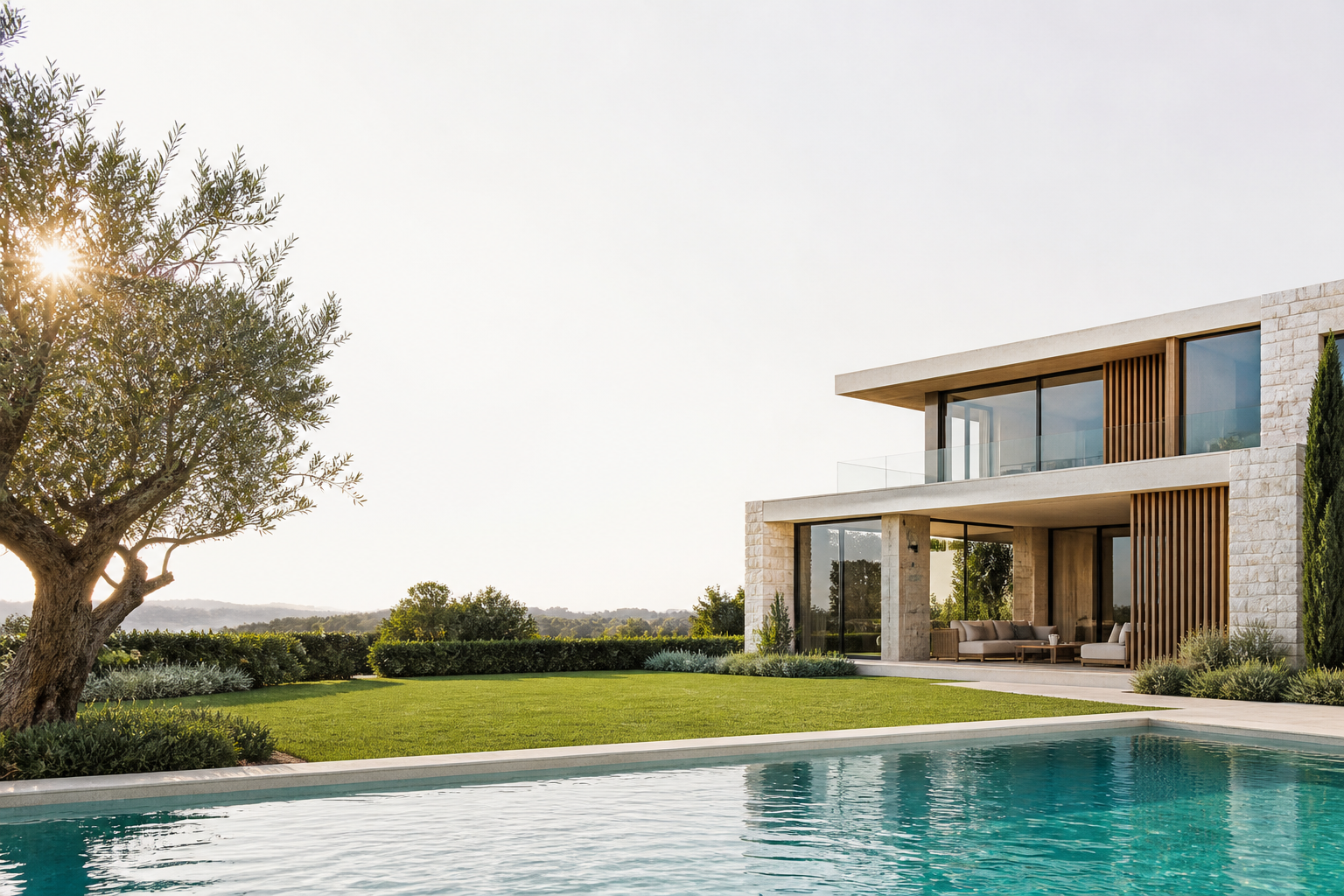 Weitwinkelaufnahme einer luxuriösen modernen Villa mit Pool und Garten aus dem Portfolio von EIS Immobilien